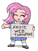 Pixelated character with pink hair holds a sign reading ANIME WEB TURNPIKE while alternating between thumbs-up and peace gestures.