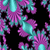 Pixelated pattern of purple and cyan floral shapes on black background with small purple heart symbols.