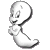 Pixelated white ghost-like figure with closed eyes and a small smile on gray background, next to yellow background with black and white text.