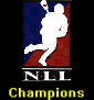 A static image shows a white silhouette of a baseball player mid-pitch against blue and red background with 'NLL' text below, yellow 'Champions' text at bottom.
