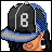 Pixel art contact sheet showing a character in various poses with text elements, featuring orange skin, black bikini top, blue shorts, and a baseball cap with the number 8.