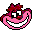 Pixelated pink face with red hair, wide eyes, and a large white-toothed grin; two identical versions side-by-side on gray background.