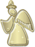 Golden angel icon with hat, wings, and flowing robe; four variations show different sparkles on body and wings against gray background.
