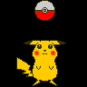 Yellow cartoon mouse with red cheeks and black eyes stands under red-and-white Poké Ball, which changes from closed to open and then explodes into pixelated fragments.