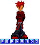 Pixelated character with red spiky hair, red long-sleeve shirt, dark pants with red accents, and red shoes, standing against gray background with blue text below.