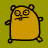 Pixelated yellow cartoon character with large round eyes, small ears, and a flat body on olive-green background.