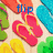 Pixelated image of colorful flip-flops on a light background with blue text reading 'flip' and 'flop' above them.