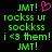 Green pixelated text on black background with pink heart symbol, displaying 'JMT! rockss ur sockss i <3 them! JMT!' in two identical