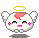 Pixel art character with white fur, pink blush, yellow halo, and small wings in nine expressions including closed eyes, open eyes, and smiling.