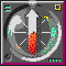 A circular icon with a compass-like dial showing directional markers, featuring a rotating red and white object that changes position across frames.