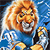 Pixelated static image of a cartoon lion mascot in blue sports uniform with yellow accents, set against a blue background with white and black elements.