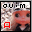 Pixelated image of a red-skinned character with dark eyes and mouth, featuring 'ou.m' text at top and a red square symbol on left side.