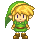 Pixel art character with green tunic, brown belt, and pointed ears in two poses against gray background.