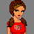 Pixel art character in red top and black-and-white pants with red accents, shown from multiple angles including front, back, side, and close-up views on gray background.
