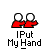 Pixelated red figures with white heads in a , each with one arm extended toward the next figure, under text labels on a gray background