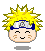 Pixelated character head with spiky yellow hair, silver forehead protector with blue trim and symbol, closed eyes, smiling mouth, light skin tone.