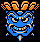 Four pixelated masks in blue, green, purple, and red with orange crown-like shapes above each on a black background.