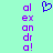 Pixelated purple text spelling 'alexandra!' on both sides of a blue heart symbol against a light green background.