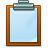 Pixelated clipboard icon with brown wooden frame and gray metal clip holding blank light blue paper against gray background.