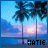A static image of a beach scene with palm trees and sunset sky, overlaid with the text 'KATIE' in blue pixelated font.