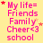 Yellow background with pink text reading "My life= Friends Family Cheer<3 school" repeated in a , small red and orange stars scattered throughout