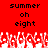 Red background with black pixelated text reading 'summer oh eight' repeated twice, white and red pixelated shapes at the bottom resembling flames or abstract patterns.