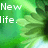 Pixelated green background with white text reading "New life." and a blurred green leaf-like shape on the right.