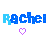 Pixelated text 'Rachel' in blue and cyan repeats across two with purple hearts below each instance on a white background