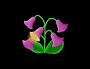 Animated contact sheet showing six frames of a pixelated flower icon with purple bell-shaped blooms, green stems/leaves, and yellow glowing effects on black background.