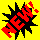Pixelated explosion graphic with red and black elements on yellow background, transitioning to blue and red elements on gray checkered background.