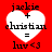 Red background with four white heart-shaped icons containing text and symbols, each displaying 'jackie + christian = luv <3' in black pixelated font.