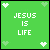 Green background with white pixelated text 'JESUS IS LIFE' and four heart icons at corners, two light green and two white.