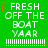 Green background with white pixelated text reading 'FRESH OFF THE BOAT VAAR' and horizontal line patterns, animated orange star and dot elements move across the image.