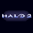 Pixelated static icon displaying the text "HALO 2" in white and light blue on a dark purple oval background with subtle gradient, set against solid black.