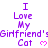 Purple text reads "I Love My Girlfriend's Cat" with pink hearts, repeated across a of identical on white background