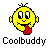 Pixelated yellow smiley face with red tongue sticking out, black eyes and mouth, small ears, and "Coolbuddy" text below on gray background.
