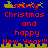 Pixelated holiday greeting with red text on blue background, featuring green decorative elements above and below the text.