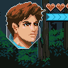 Pixel art scene showing two characters in a forest: one archer on the left, another character crouching right. A portrait of a brown-haired man appears top-left with three red hearts above.