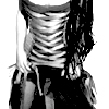 Black-and-white image of a person wearing a striped crop top and dark pants with visible drawstrings, long hair partially obscuring the face.
