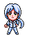 Pixel art character with light blue hair in a ponytail, wearing blue and white clothing; transitions through multiple poses including standing, walking, and action stances.