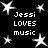 Black background with white pixelated stars and repeated text "Jessi LOVES music" in white pixelated font.