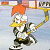 Pixelated cartoon character with orange hair, yellow beak-like nose, and black-and-white outfit holding a long yellow object against light blue background.