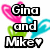 Pixelated text reads "Gina and Mike" with a heart symbol replacing the 'e' in Mike, surrounded by pink, green, and cyan hearts on white background.