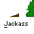 Pixelated animation of a yellow-shirted figure on a bicycle performing tricks against green trees and brown ground, with text "Jackass" below.