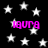 Black background with scattered white stars and repeated pink text 'laura' in pixelated font.