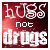 A contact sheet of 11 animated frames showing a red background with white text "hugs not drugs" in varying levels of blur and clarity across the grid layout.