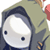Pixelated static icon of a character with large white eyes and dark hair under a hooded garment, featuring visible dithering and color blending on the face and clothing.