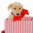 Pixelated dog in red bandana sits inside pink striped gift box on white background, next to green 'Merry Christmas' text on solid red field.