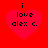Four identical red heart-shaped icons with black text 'i love alex c.' on a solid red background, arranged in a