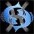 Pixelated blue and gray cartoon fish with black eyes, mouth, and fins against a solid black background.